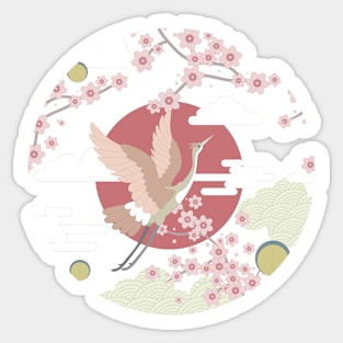 Crane birds and cherry blossom, abstact japanese style print Sticker